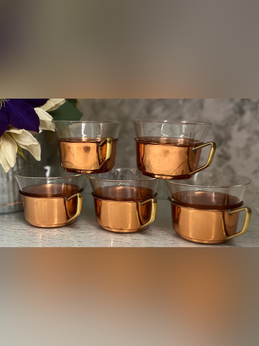 Vintage Schott Mainz Copper Tea Coffee Glasses Set of 5, Jenaer Glass Cups